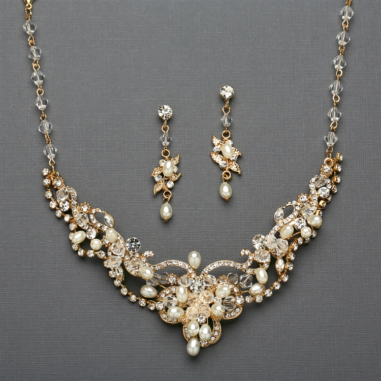 Ivory Freshwater Pearl & Crystal Gold Wedding Necklace and Earrings Set<br>4061S-I-G