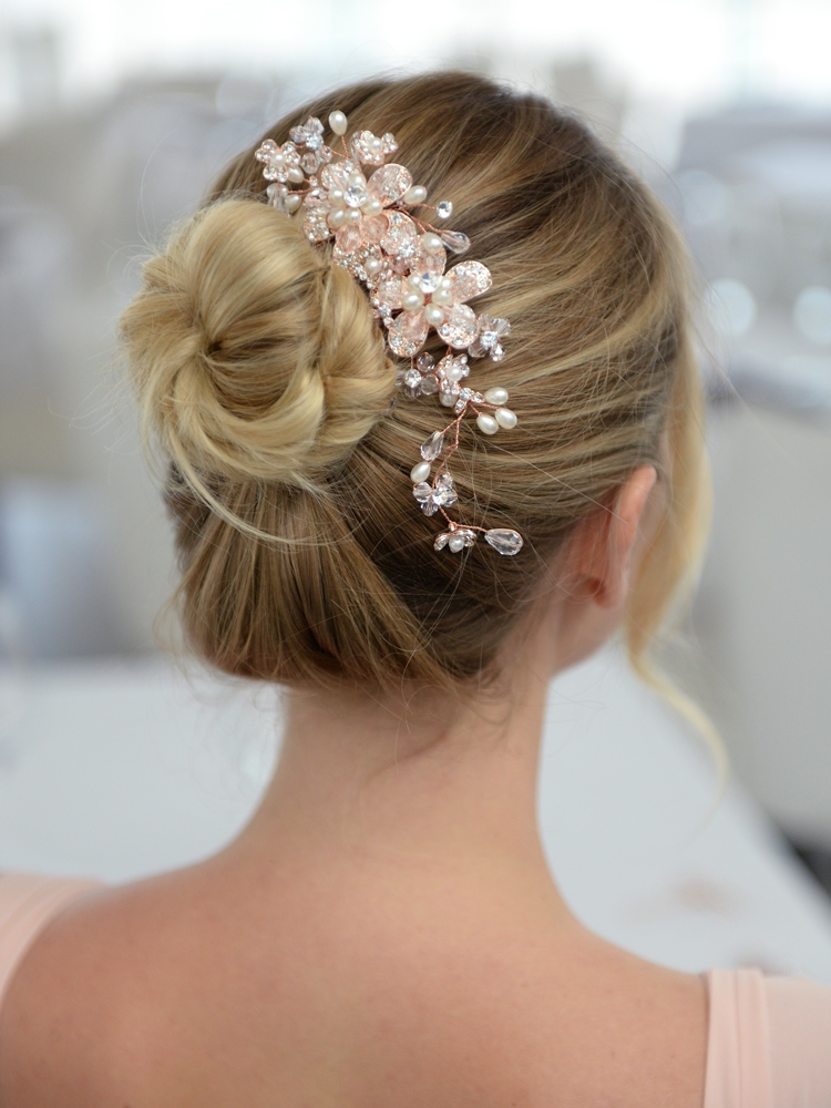 Fabulous Rose Gold Wedding or Brides Hair Comb with Pearl and Crystal Sprays<br>4071HC-RG