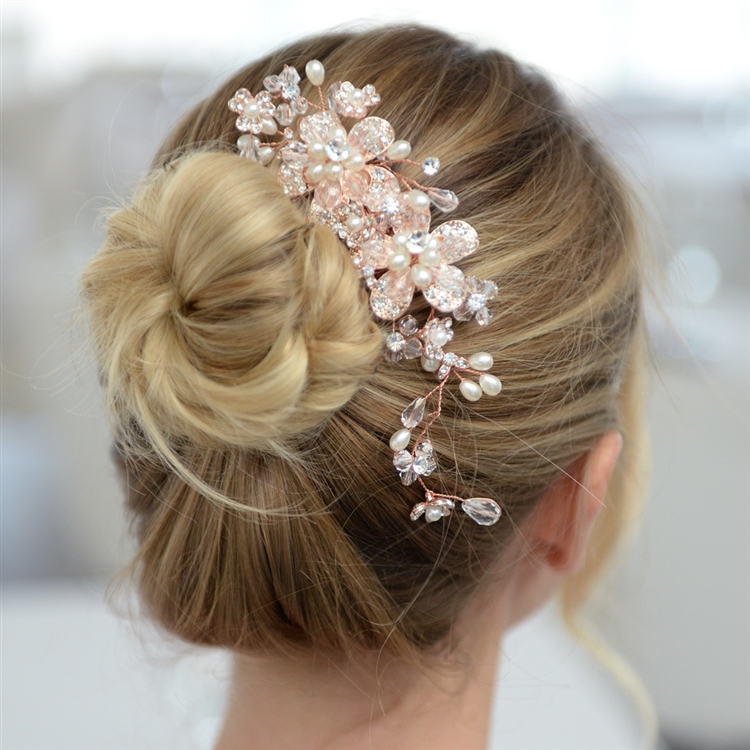 Mariell Wholesale Fabulous Rose Gold Wedding or Brides Hair Comb with Pearl and Crystal Sprays