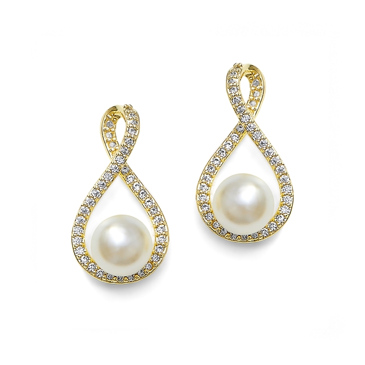 Gold Eternity Symbol  Cubic Zirconia Wedding Earrings with Pearl<br>4075E-G