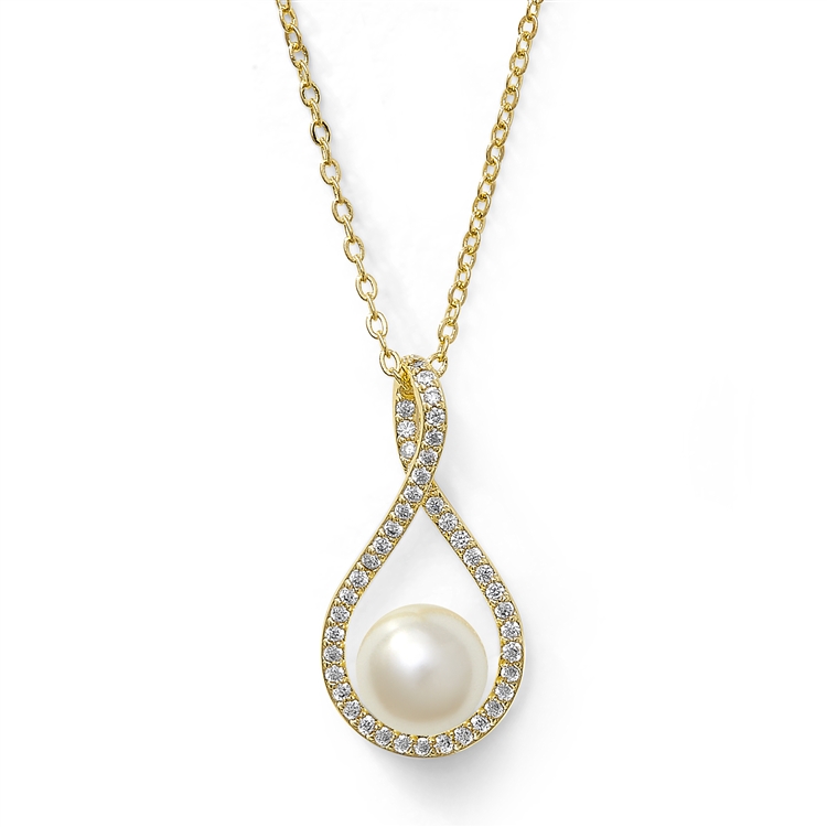 Eternity Symbol Gold Cubic Zirconia Wedding Necklace with Pearl<br>4075N-G