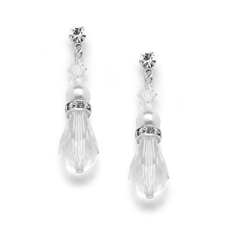 Crystal Teardrop White Pearl Wedding, Prom or Bridesmaids Earrings<br>4079E-W-CR-S