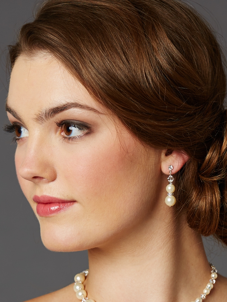 Mariell Wholesale Light Ivory Glass Pearl Bridal Earrings with Rondels & Stud Top