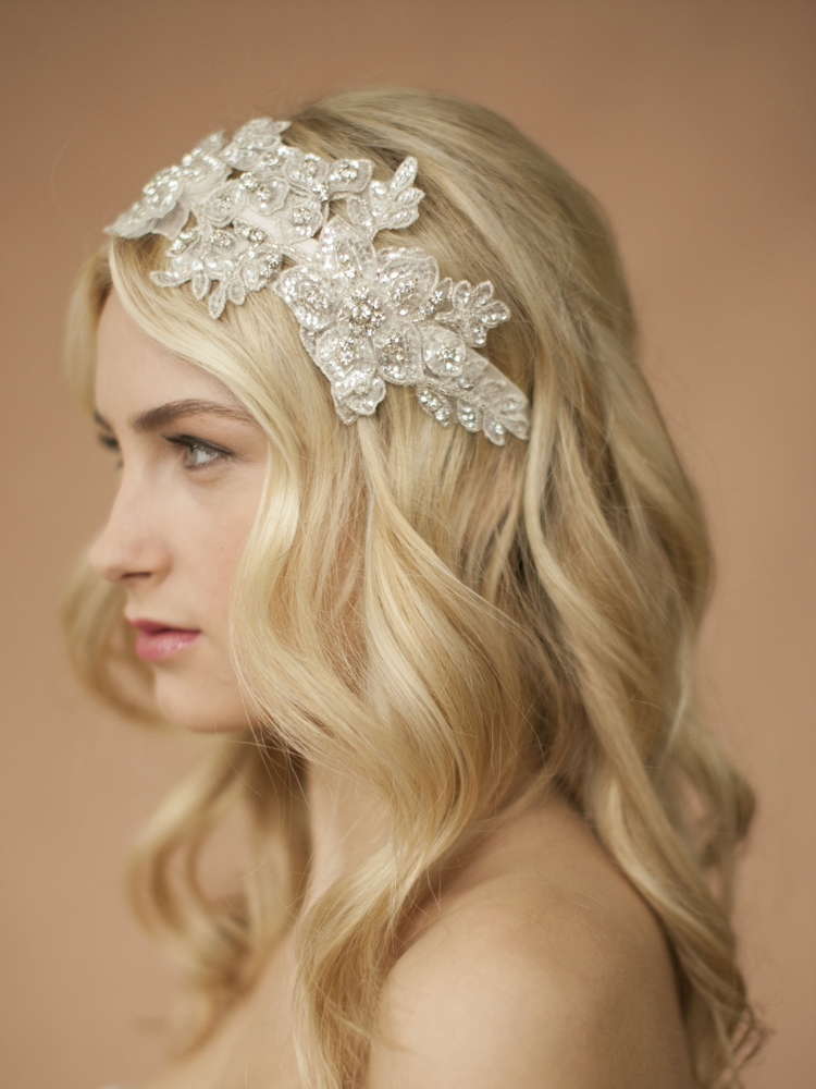 Sculptured Ivory Lace Wedding Headband with Crystals & Beads<br>4099HB-I