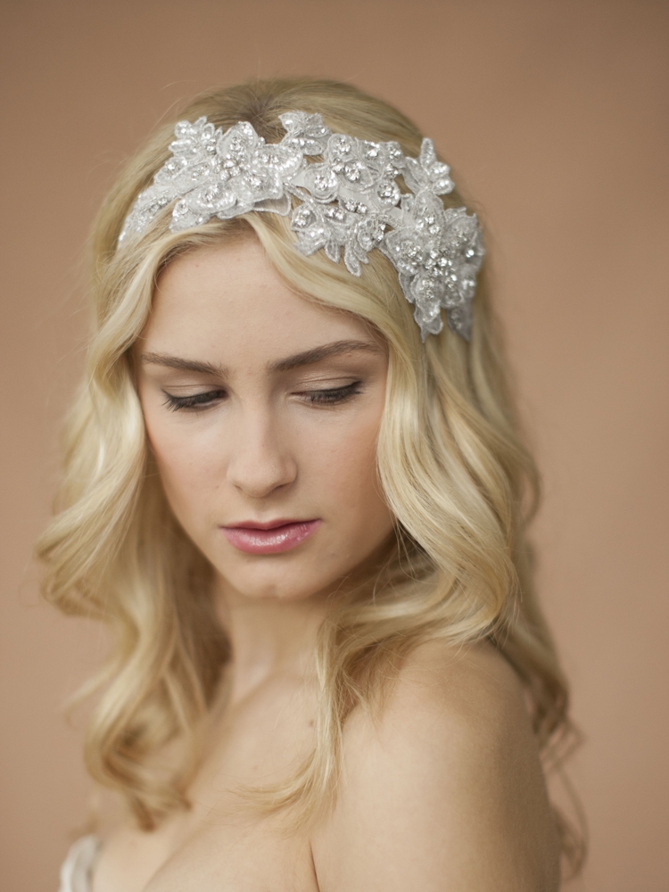 Sculptured White Lace Wedding Headband with Crystals & Beads<br>4099HB-W