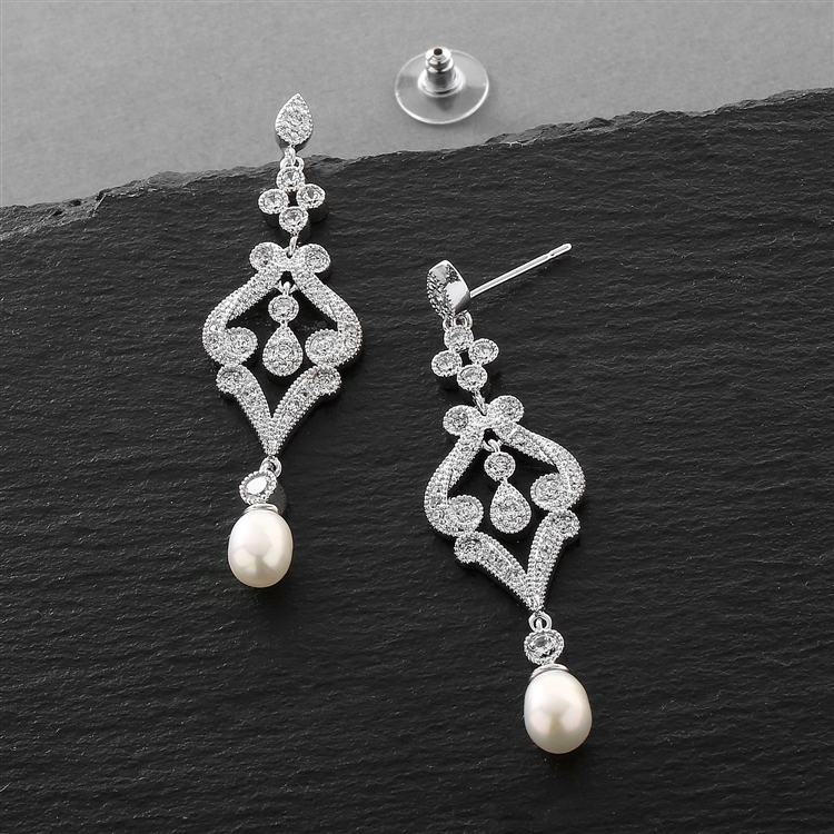 Mariell Wholesale Vintage CZ Scroll Earrings with Freshwater Pearl