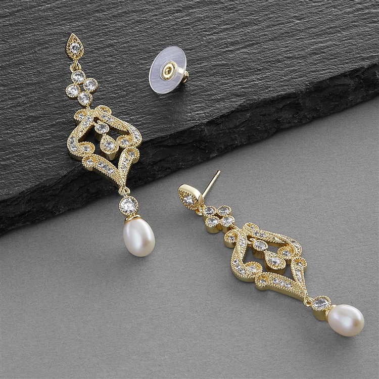 Gold CZ Scroll Earrings with Freshwater Pearl<br>409E-G