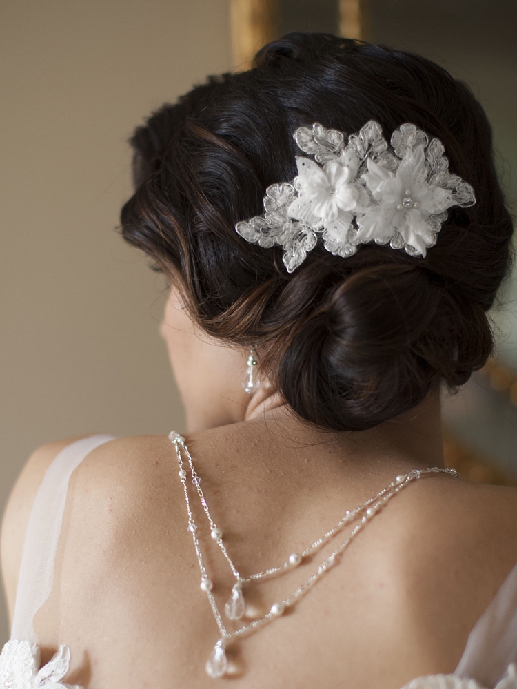 Sophisticated Handmade Bridal Comb with White Beaded Floral Lace Applique<br>4102HC-W