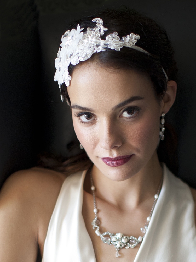 Luxurious White Lace Applique Wedding Ribbon Headband with Georgette Flowers<br>4106HB-W