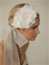 Handmade Ivory Silk Flower Bridal Headband with Wide Sheer Ribbon<br>4107HB-I