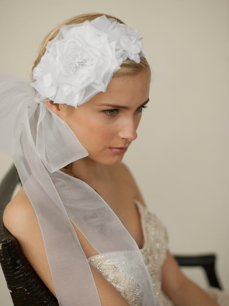 Handmade White Silk Flower Bridal Headband with Wide Sheer Ribbon<br>4107HB-W