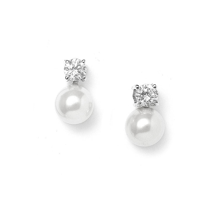 Soft Creme 10mm Pearl & CZ Solitaire Bridal Earrings<br>412E