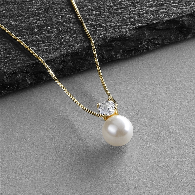 Soft Creme 10mm Pearl & CZ Gold Solitaire Bridal Necklace Pendant<br>412N-G