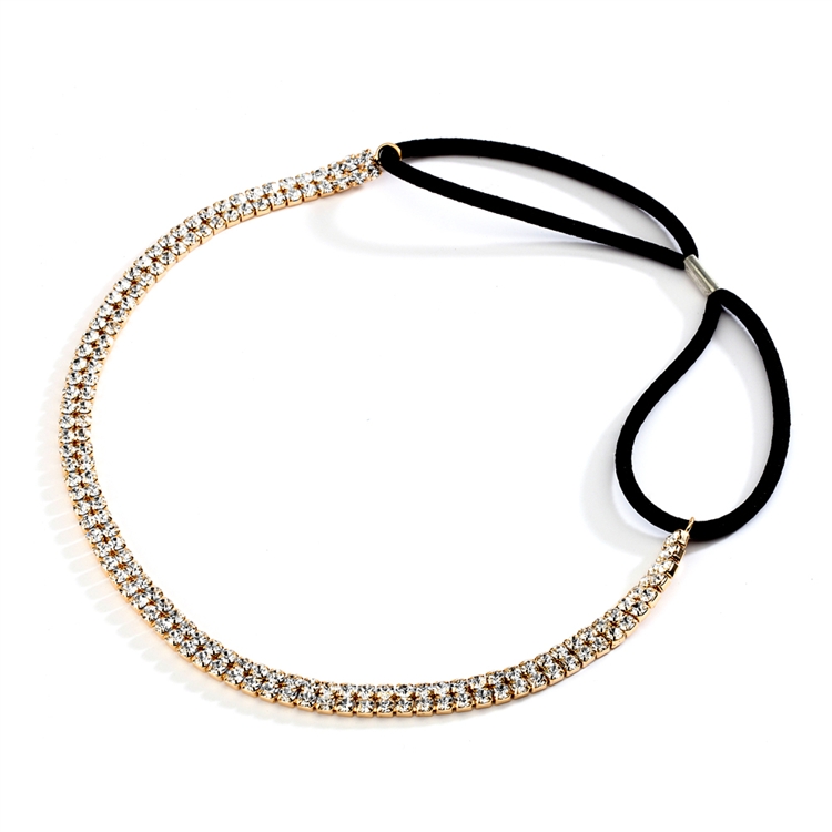 2-Row Gold Rhinestone Adjustable Stretch Headband<br>4136HB-G