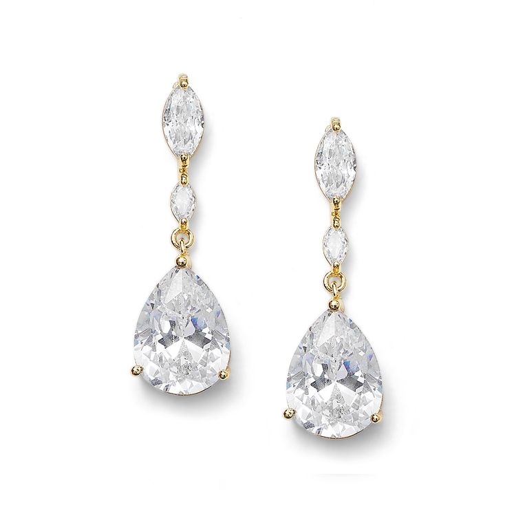 Sparkling Gold CZ Wedding Earrings with Dainty Marquise & Pear Drop<br>4154E-G