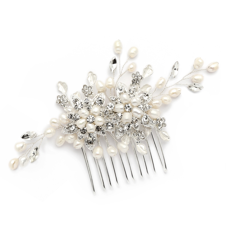 Freshwater Pearl Wedding Hair Comb with Pave Crystal Leaves<br>4168HC