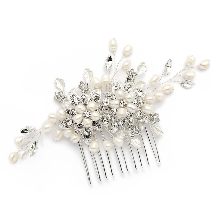 Mariell Wholesale Freshwater Pearl Wedding Hair Comb with Pave Crystal Leaves