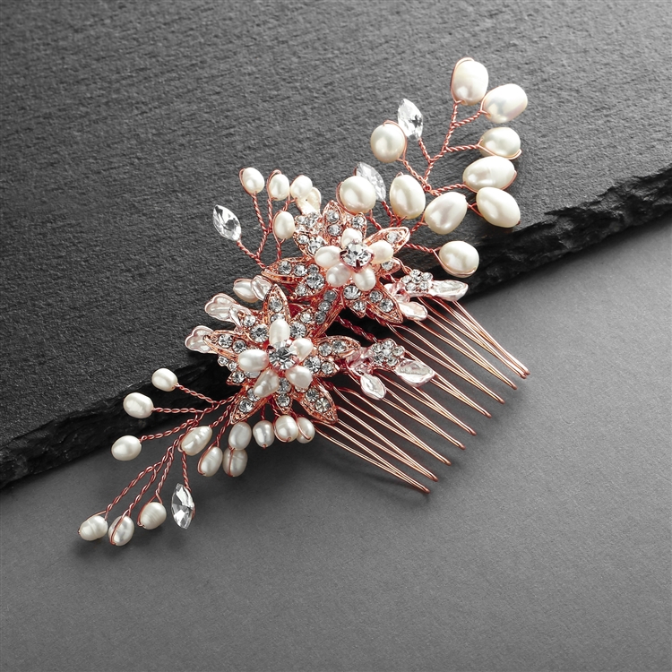 Rose Gold Freshwater Pearl Wedding Hair Comb with Crystal Leaves<br>4168HC-RG