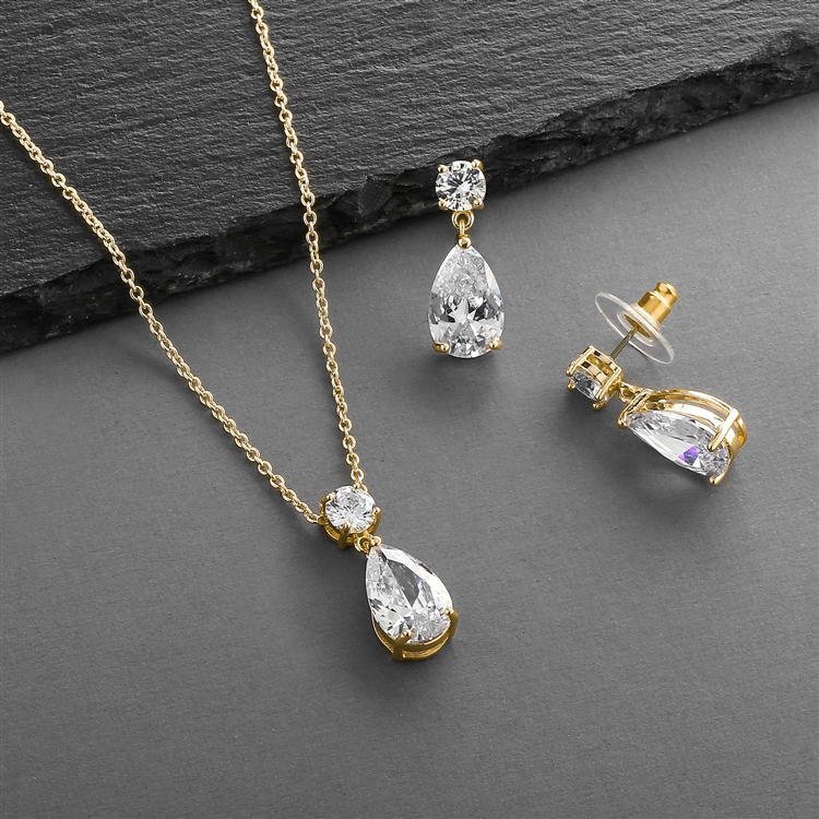 14K Gold Plated CZ Teardrop Bridal or Bridesmaids Necklace & Earrings Set<br>4172S-G