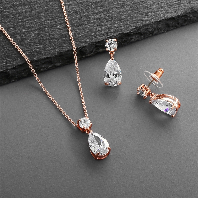 Mariell Wholesale Rose Gold Cubic Zirconia Teardrop Bridal or Bridesmaids Necklace Set