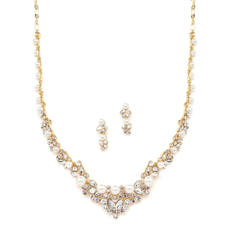 Elegant Gold Wedding Necklace Set with Crystals & Pearl Cluster<br>4183S-G