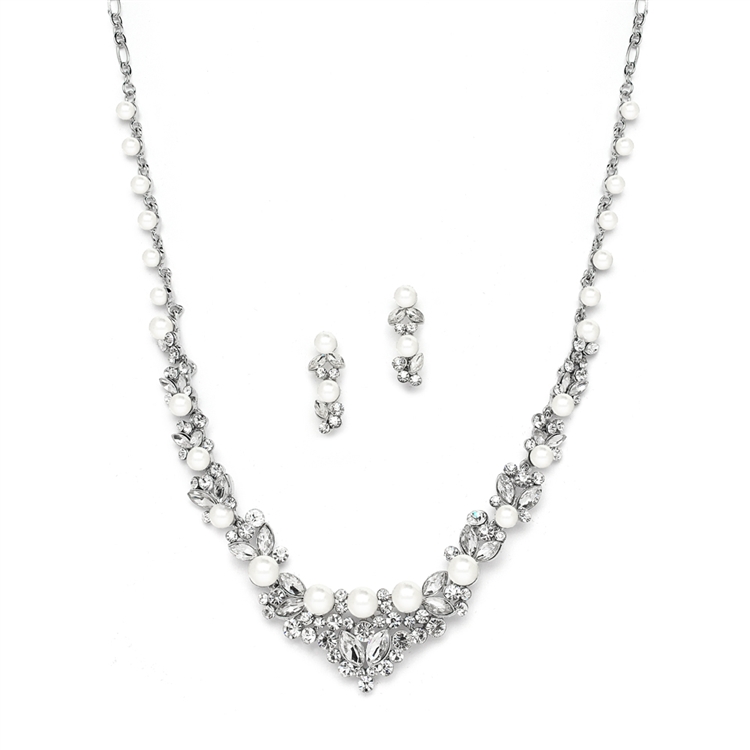 Elegant Silver Wedding Necklace Set with Crystals & Pearl Cluster<br>4183S-S