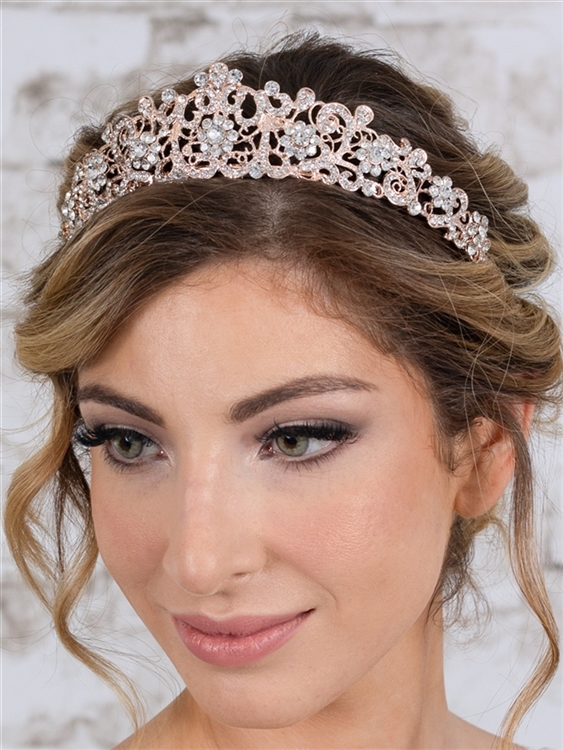 Mariell Wholesale Vintage Filigree Bridal, Wedding or Prom Rose Gold Tiara with Clear Crystals