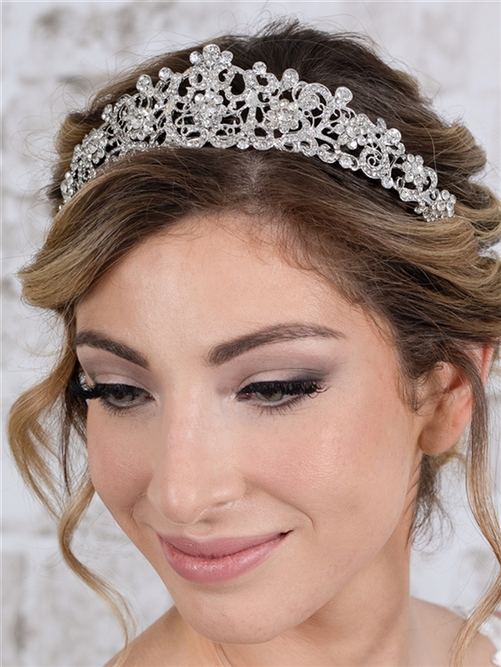 Popular Vintage Filigree Bridal, Wedding or Prom Silver Tiara with Clear Crystals<br>4187T-S