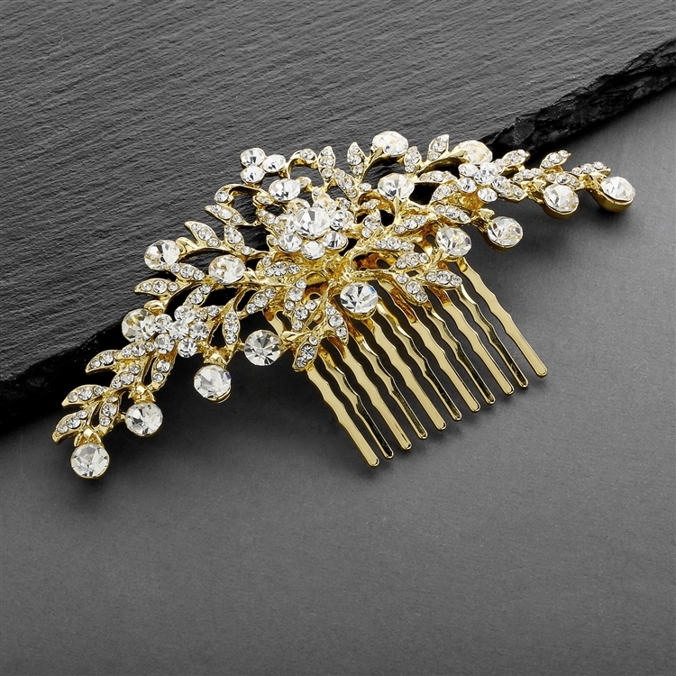 Popular Crystal Wedding or Prom Comb with Shimmering Gold Leaves<br>4190HC-G
