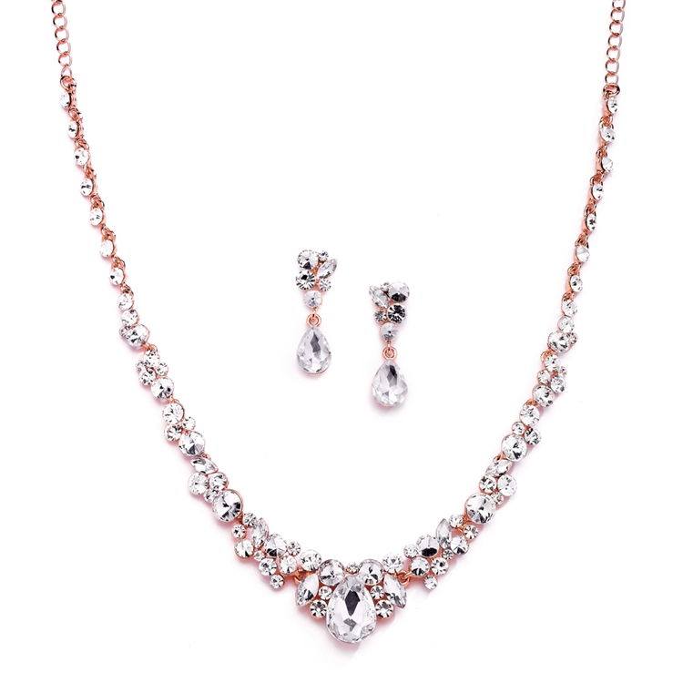 Mariell Wholesale Regal Rose Gold Crystal Bridal or Prom Necklace & Earrings Set