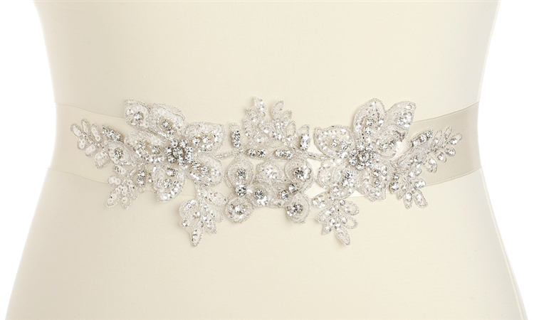 Breathtaking Handmade Bridal Sash with European Crystal Beaded Applique<br>4193SH-I