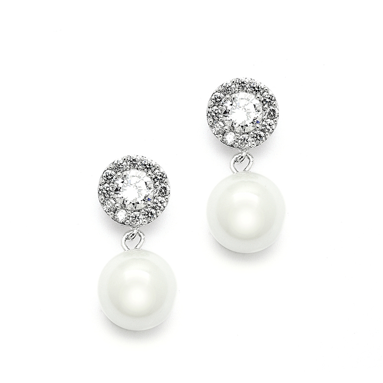 Framed CZ Bridal Earrings with 10mm Soft Cream Pearl Drop<br>4202E