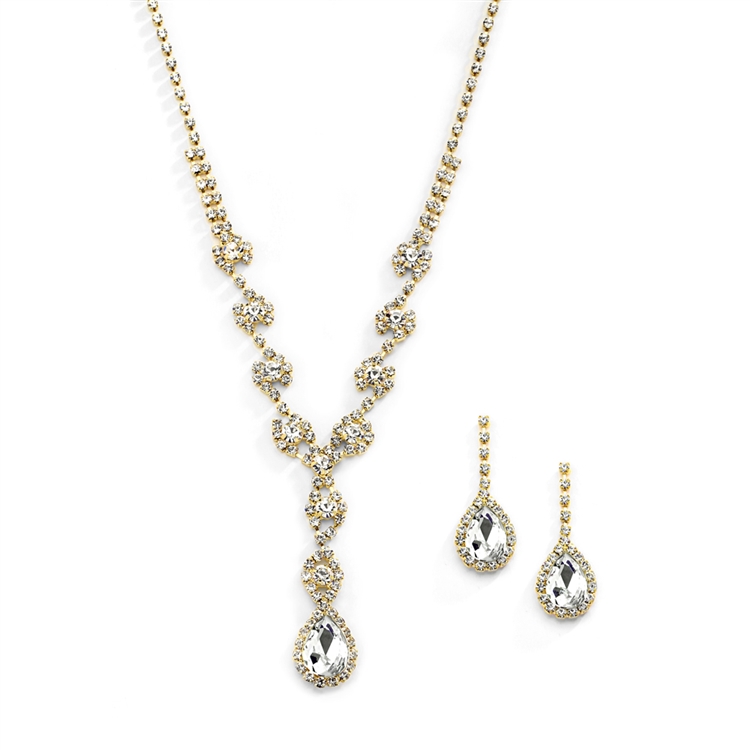 Dramatic Rhinestone Gold Prom or Wedding Necklace Set with Pear Drops<br>4231S-G