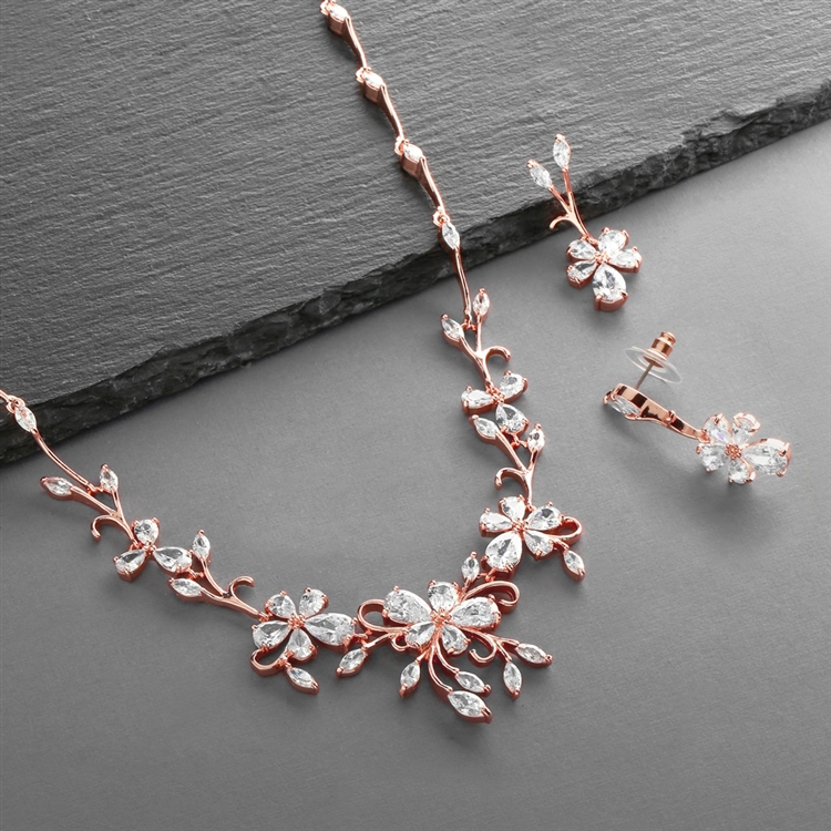 Mariell Wholesale Elegant Rose Gold Vine Motif Cubic Zirconia Necklace and Earrings Set for Weddings or Formals