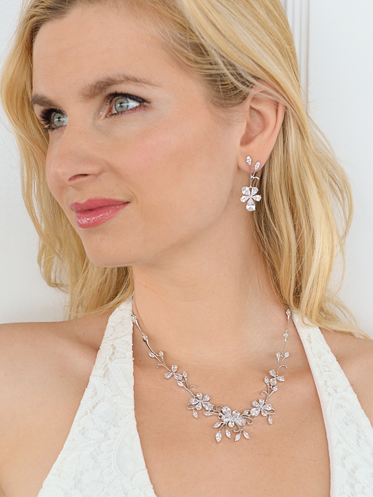 Elegant Vine CZ Necklace and Earrings Set for Weddings or Evening Wear<br>4233S-S