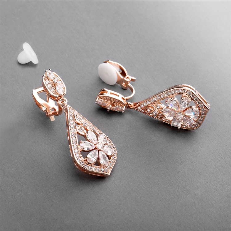 Sophisticated Rose Gold Art Deco CZ Clip-On Wedding Earrings<br>4237EC-RG