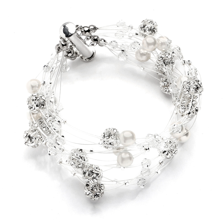 Sarah's Special 8-Row Floating Pearl, Crystal and Rhinestone Fireball Illusion Bridal Bracelet<br>4265B-8-I-CR-S