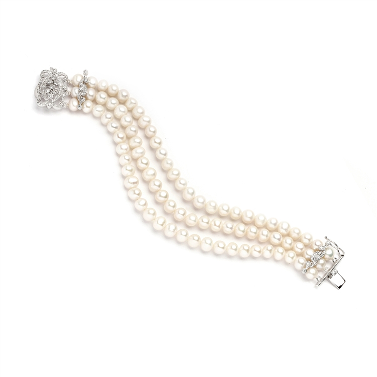 Top Selling 3-Row Freshwater Pearl Bridal Bracelet with Vintage CZ Clasp<br>4270B-I