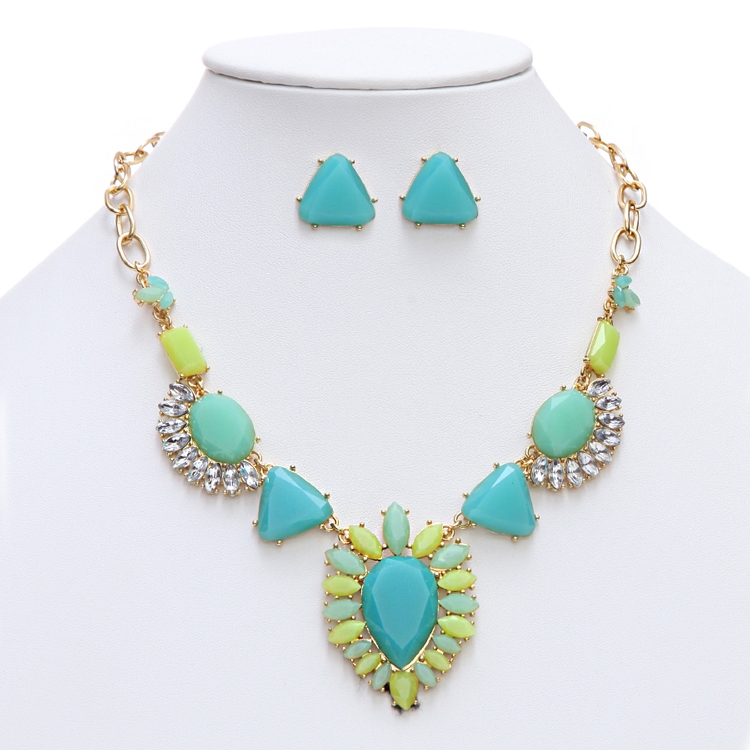 GREAT VALUE - Turquoise-Green Multi Art Deco Statement Necklace<br>4325S-TQ-G