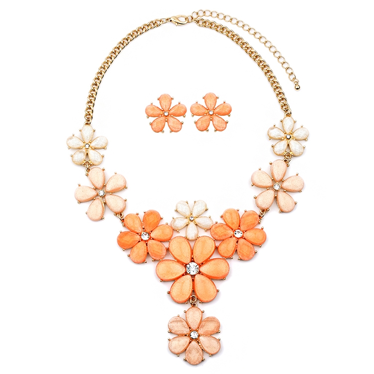 Tangerine Peach Flower Power Statement Necklace Set<br>4335S-TG-G