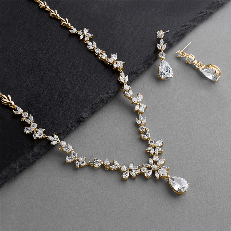 Luxurious 14K Gold Plated CZ Vine Wedding Necklace and Earrings Set <br>4368S-G