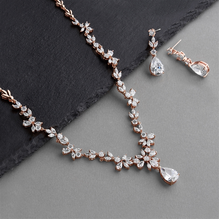 Luxurious Rose Gold CZ Vine Wedding Necklace and Earrings Set<br>4368S-RG