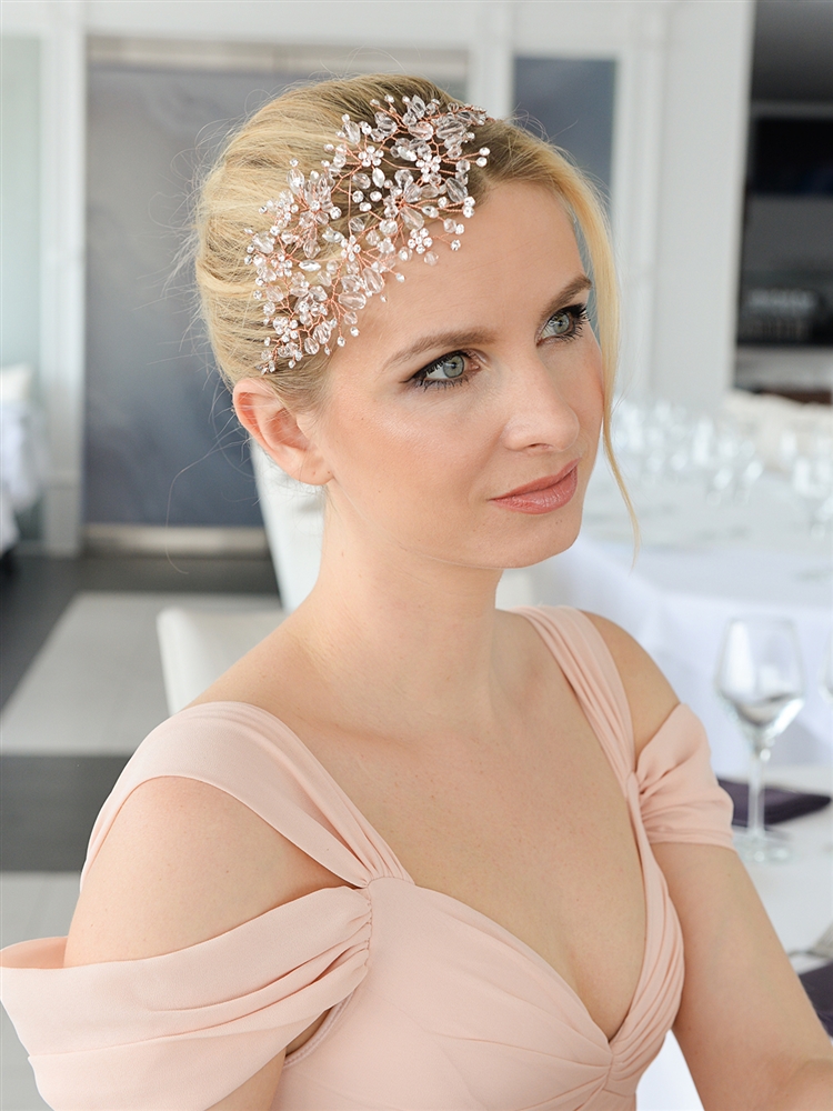 Hand-Crafted Rose Gold Statement Hair Vine with Dazzling Clear Crystals and Rhinestone Sprays<br>4380H-CR-RG