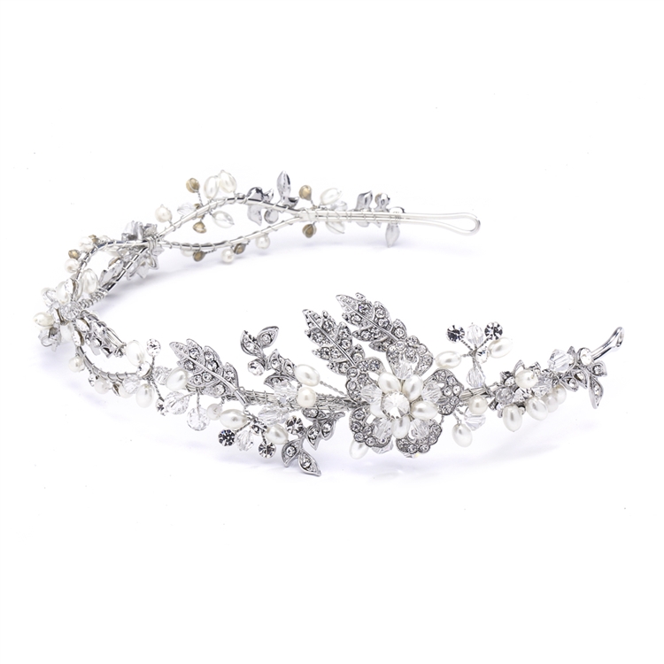 Wavy Bridal Headband with Crystal and Pearl Garden<br>4381HB-SC-S