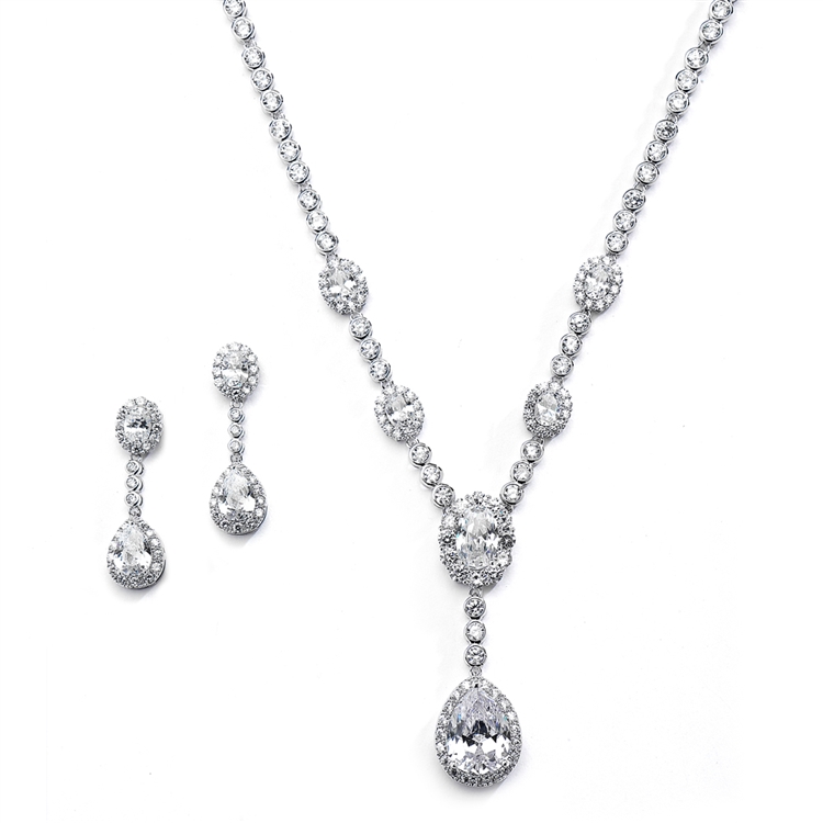 Glamorous Bezel Set CZ Wedding Necklace and Earrings Set<br>4395S-S