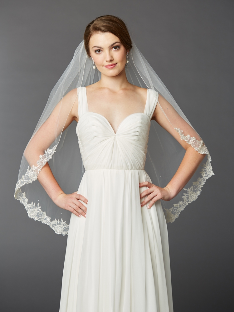 Elegant Fingertip Length Silver Lace Edge Bridal Veil with Austrian Crystal Accents<br>4414V-I-S