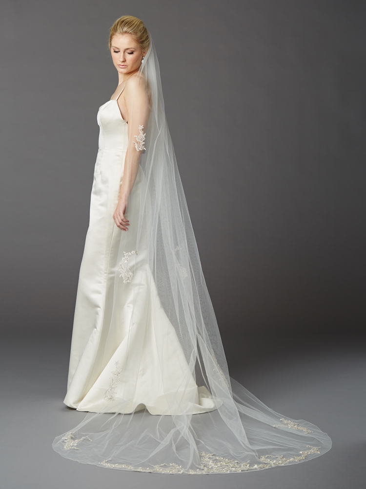 Cathedral Bridal Veil with Silver Pencil Edge & Beaded Crystal Lace  Applique Stations <br>4417V-I-S