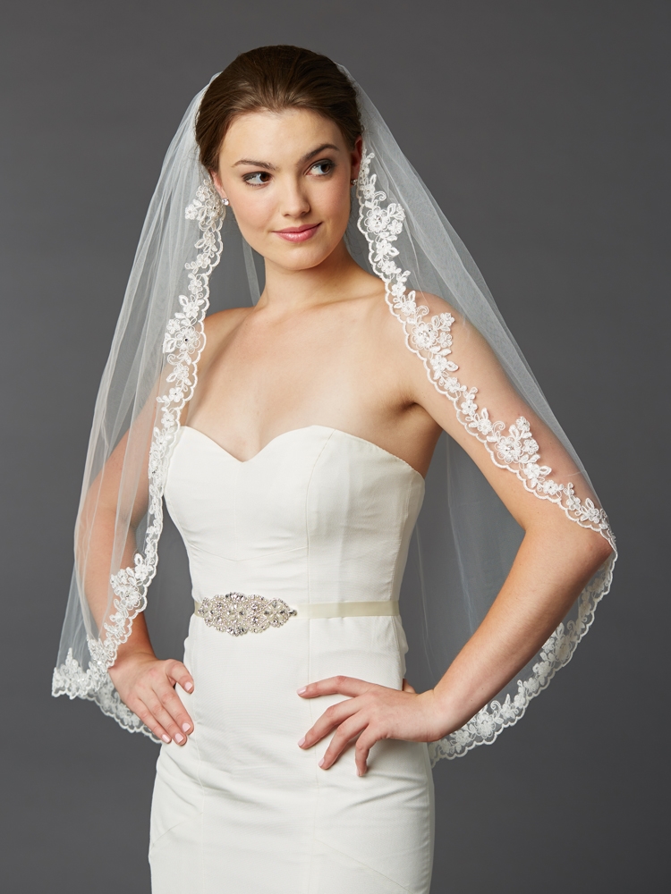 Scalloped Lace Edge Fingertip Mantilla Veil with Crystal & Beads<br>4418V-I