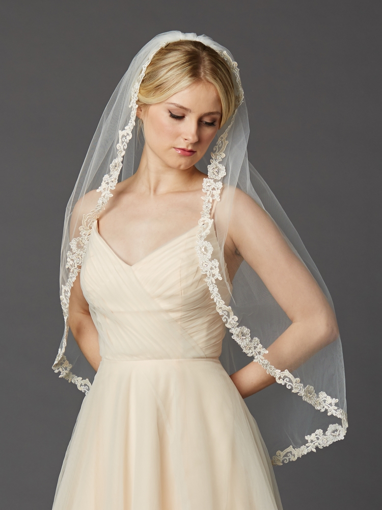 Rum Champagne Lace Edge 38" Fingertip Mantilla Style Veil with Ivory Tulle<br>4419V-I-RMPK