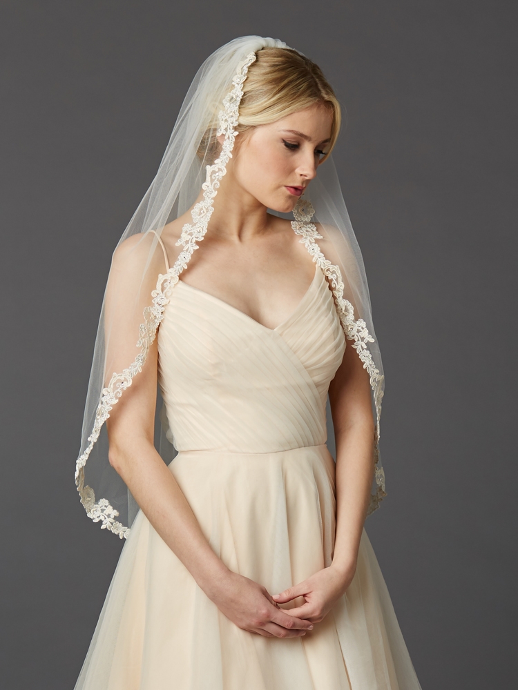 Mariell Wholesale Rum Champagne Lace Edge 38" Fingertip Mantilla Style Veil with Ivory Tulle